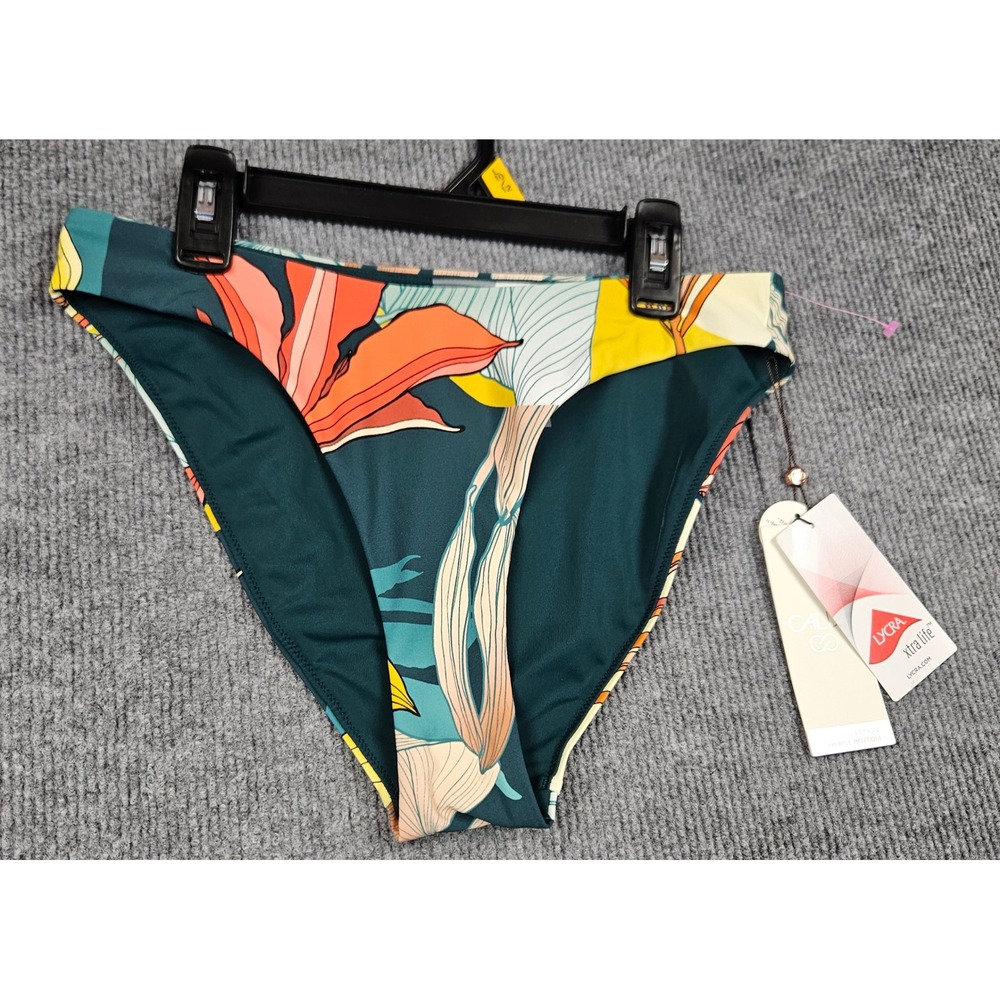 Calia Women Teal Orange Tropical Floral Low Rise Bikini Bottoms Small Resort